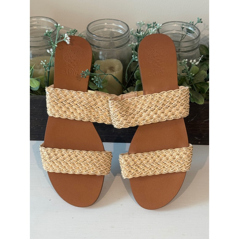 Vince Camuto Rhonda Gold Woven Double Strap Slide Sandals Mens 8M 38.5